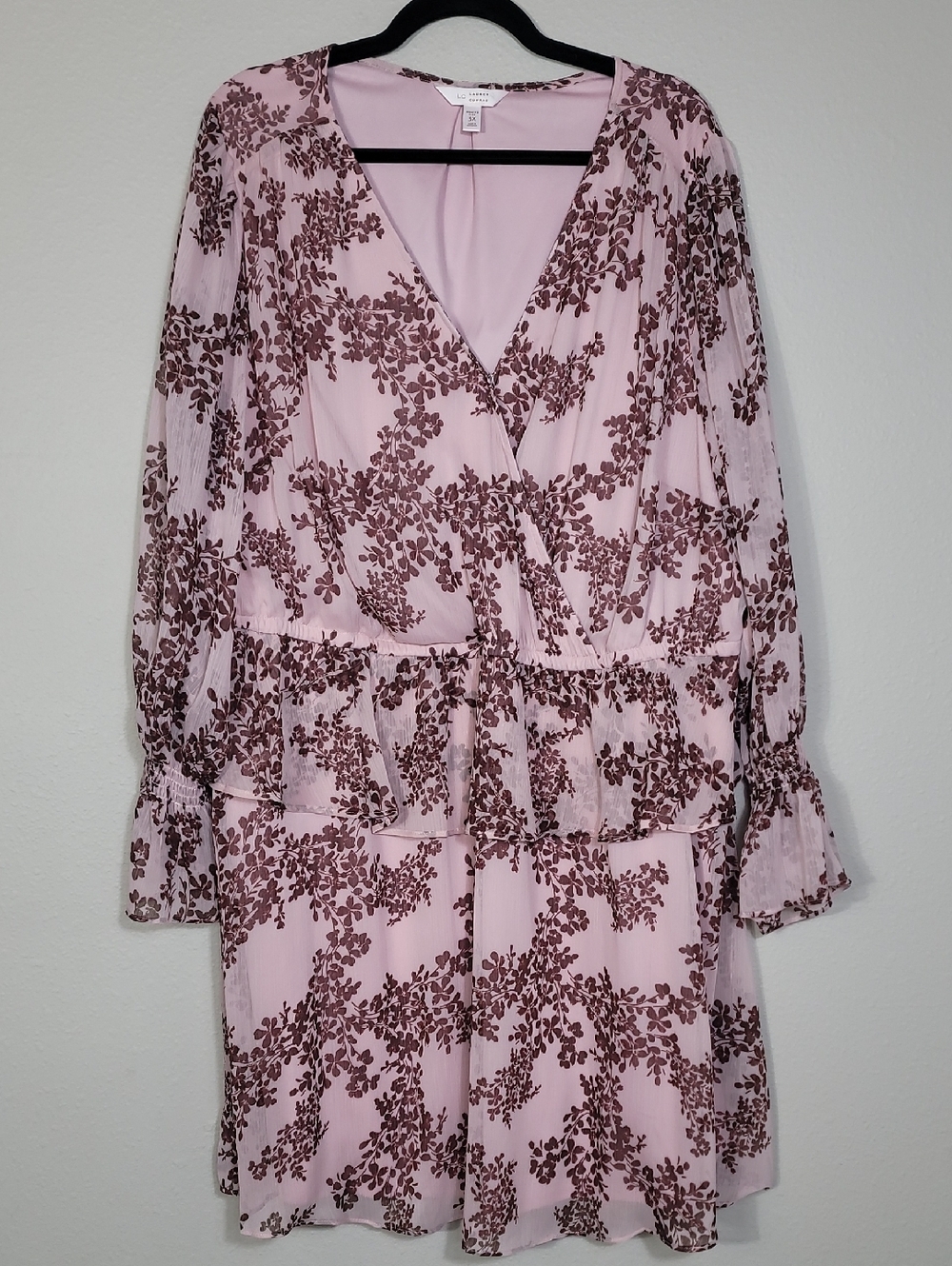 LC Lauren Conrad Floral Ruffle Dress Size 3X Pink Long Sleeve Cottagecore Church